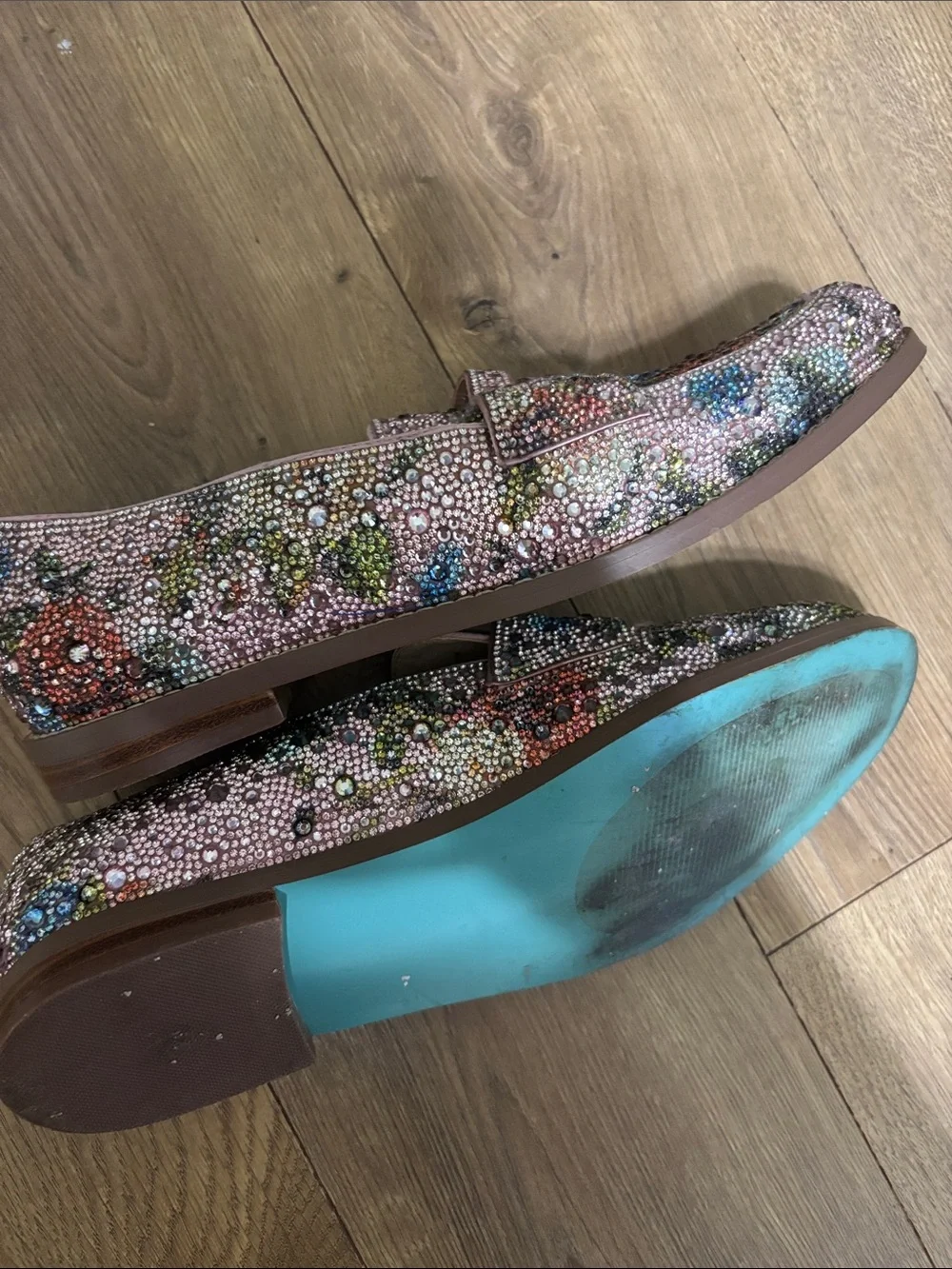 Betsey Johnson Pink Multicolor Crystal Floral Loafers
